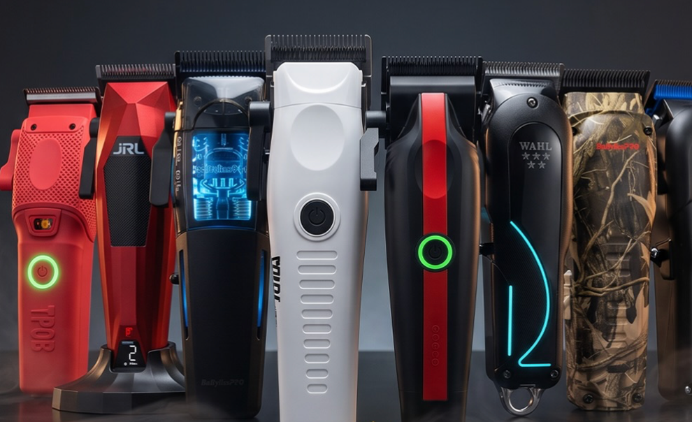 Collection of professional barber clippers and trimmers